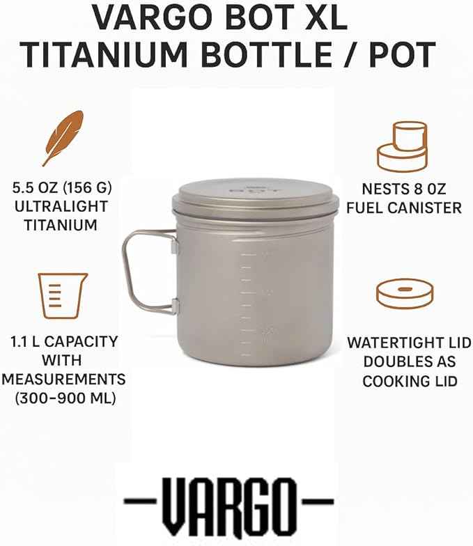 Vargo Titanium BOT Series | BOT XL | Ultralight Water Bottle Cooking Pot 1.1L (37 oz) | Weights: 5.5 oz (156g) | Water-tight Lid Backpacking Camping