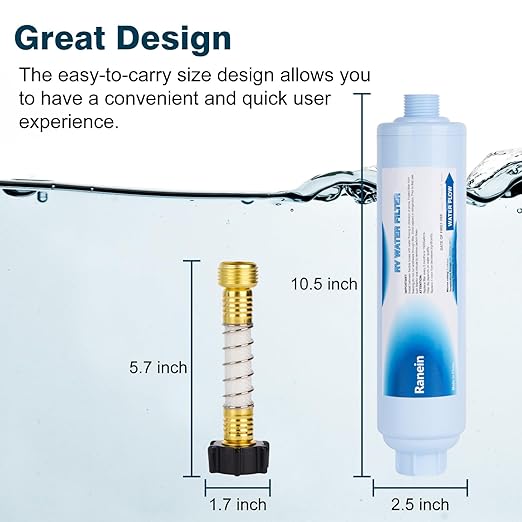 Ranein 2 Pack RV Inline Water Filter with Hose Protector, NSF Certified, Reduces Chlorine, Odor, Bad Taste and Sediment in Drinking Water, Ideal for RV's Campers, Travel Trailers and Boats
