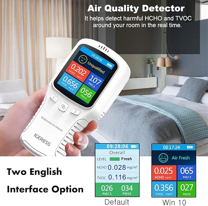 Indoor Air Quality Monitor, IGERESS Formaldehyde Detector, Pollution Monitor,Dust Tester, Detect Indoor HCHO/TVOC/PM2.5/PM10 (White)