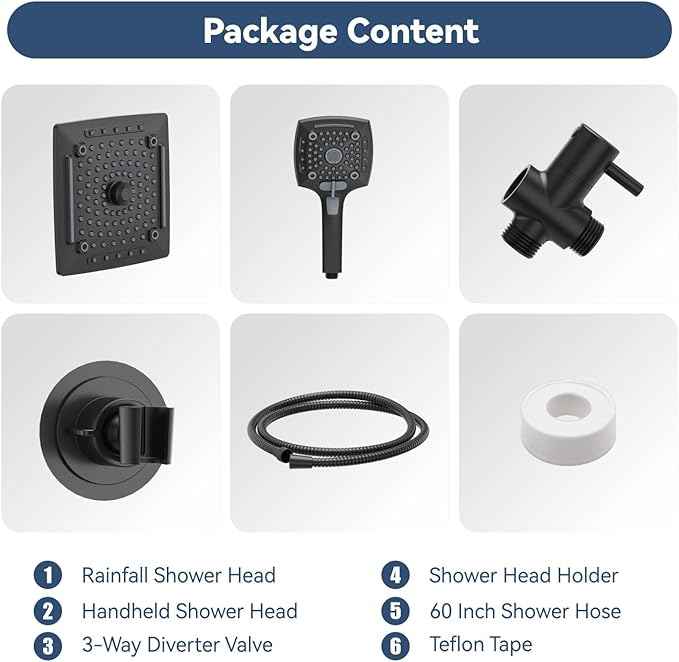 ELLO&ALLO Rain Shower Head with Handheld Spray, Rainfall Shower Head Combo with 60" Hose, Adjustable Dual Showerhead Set with 3-Way Diverter, Matte Black