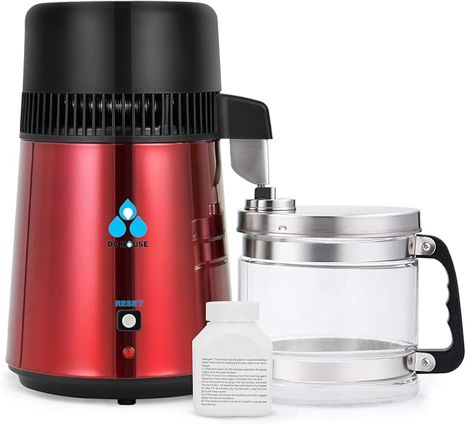 DC HOUSE Upgrade 1 Gallon Water Distiller, 4L Stainless Steel Home Countertop Drinking Pure Water Distiller Machine with On Off Switch, Glass Container