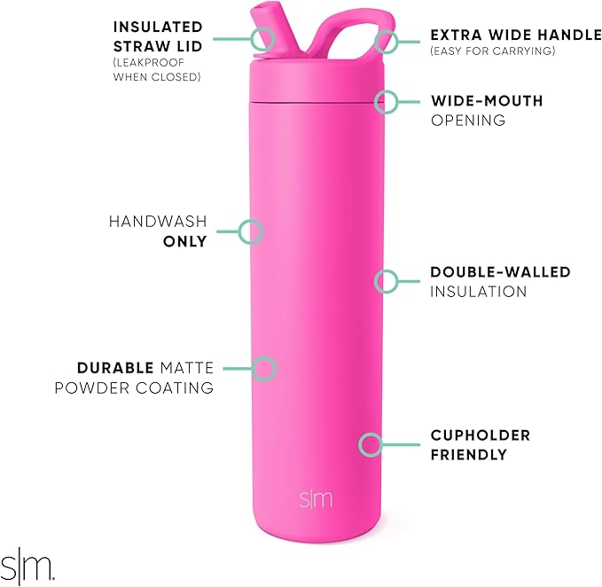 Simple Modern Water Bottle with Straw lid | Insulated Stainless Steel Thermos | Reusable Travel Water Bottles for Gym & Sports | Leak Proof & BPA Free | 24oz, Raspberry Vibes