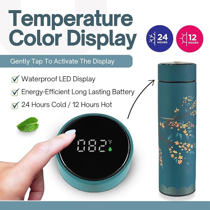 Farasi Tea Infuser for Loose Leaf Tea Smart Water Bottle with Temperature Display, Stainless Steel Insulated Coffee and Fruit Tea Infuser Bottle - Green Floral Travel Tea Mugs 15 oz