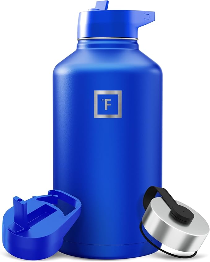 IRON °FLASK Camping & Hiking Hydration Flask with Straw, Wide Mouth Insulated Stainless Steel Sports Water Bottle - 64 oz Cobalt