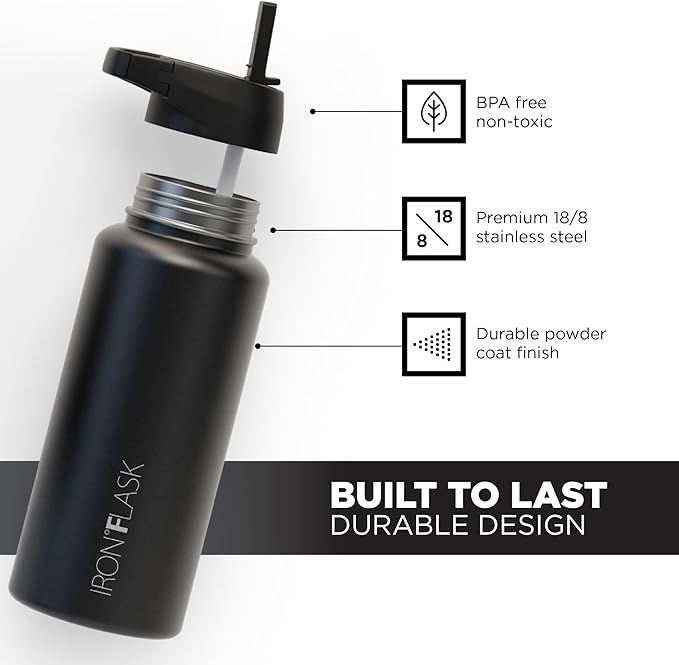 IRON °FLASK Camping & Hiking Hydration Flask with 3 Lids - Stainless Steel, Double Walled & Vacuum Insulated Water Bottle - Leak Proof & BPA Free 32 Oz