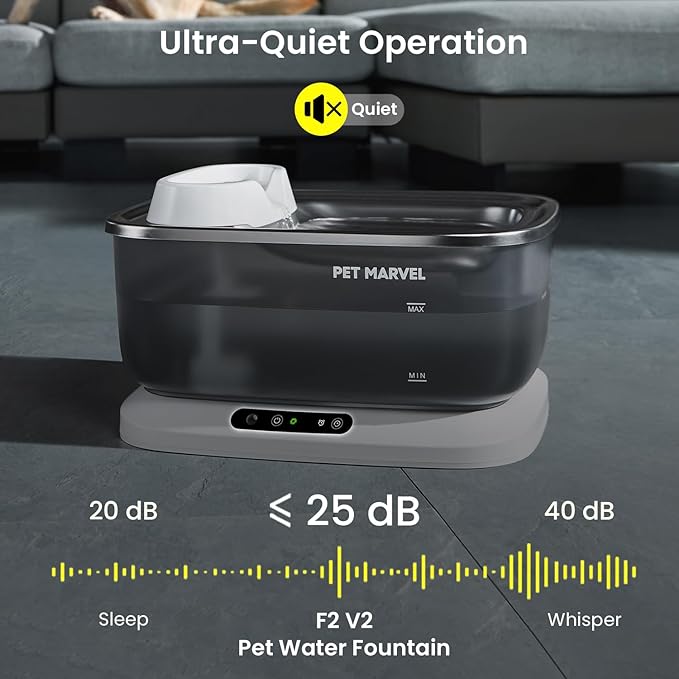 PET Marvel Wireless Quiet Pet Water Fountain, 7L/1.8Gal/230oz Large Water Reserve for Dogs & Cats, Stainless Steel Drinking Bowl, Battery or Plug-in Use, Designed for Short Trips & Backup Use, F2 V2