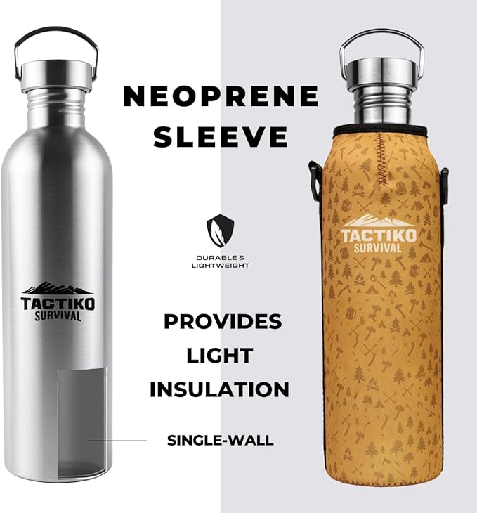 Tactiko Survival 51 oz/1500 ml Stainless Steel Wide Mouth Water Bottle, Single Wall Boil-Safe, Leakproof, BPA-Free with Carry Sleeve and Strap for Camping, Hiking, Outdoor Prep (Tan)