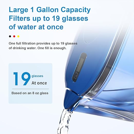 16-Cup Large Water Filter Pitcher with 1 Replacement Filter, BPA-Free Blue Drinking Water Filtration Jug for Tap Water, Reduces Chlorine, Limescale, Lead & Copper, High Capacity Water System