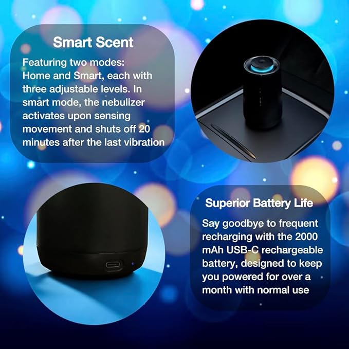 Smart Oil Diffuser – 2-in-1 for Car & Home, Waterless & Natural Aromatherapy, Auto-On Vibration Sensor, Quiet, USB-C Rechargeable, 2000mAh Battery