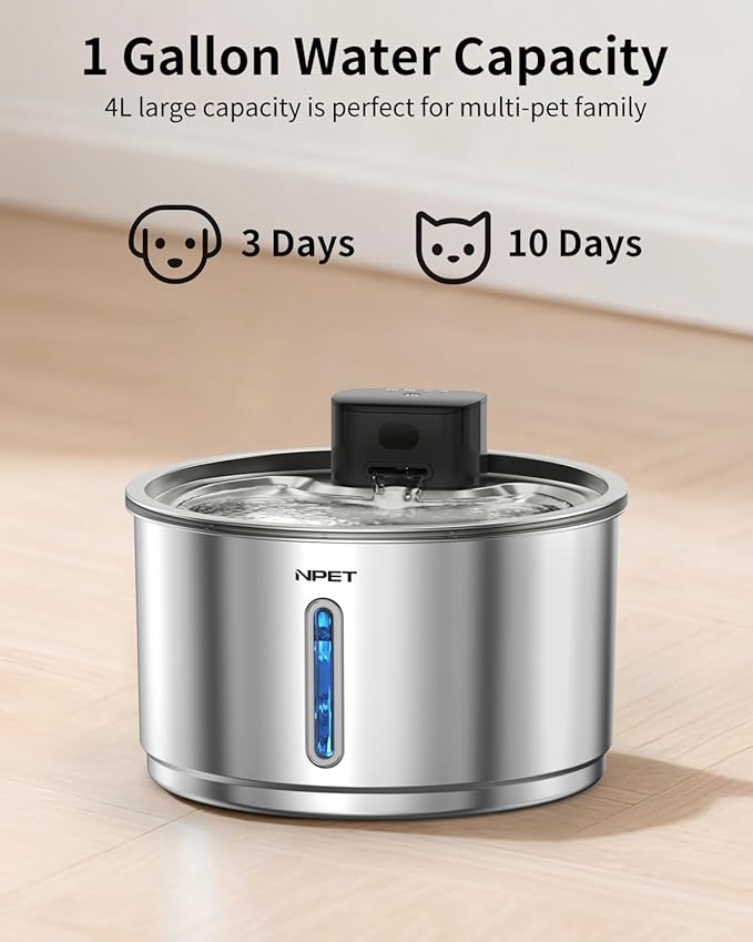 NPET Wireless Cat Water Fountain Stainless Steel, 1Gallon/135oz Battery Operated Automatic Pet Drinking Fountain - Cordless Dog Water Dispenser with Water Level Window for Cats Indoor