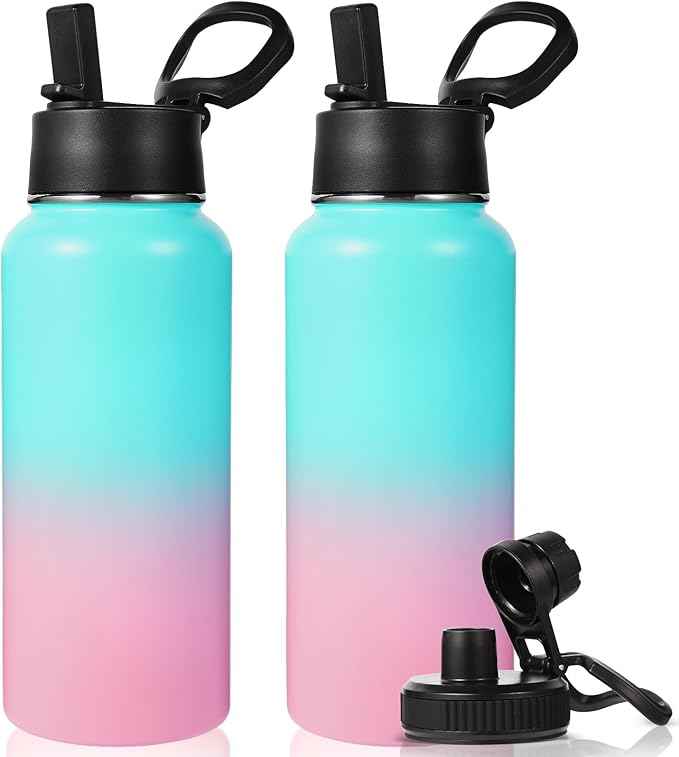 Neihepal 32 oz Insulated Water Bottles with 2 Lids (Straw & Spout Lid), 18/8 Stainless Steel Double Wall Water Bottle for Gym, Travel, Camping, Sports (Green Pink,2 Pack)