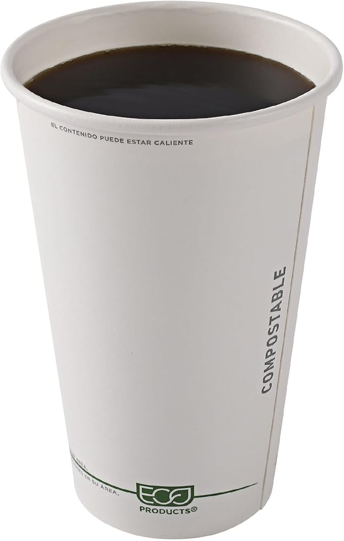ECO PRODUCTS Compostable Disposable GreenStripe 16oz Coffee Cups, Pack of 50, White Single Wall Hot Paper Cup, Plant Based PLA Lining, Biodegradable