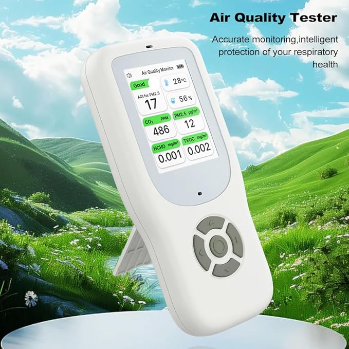 Air Quality Monitor Indoor, Handheld Air Quality Detector with Stand, Real-Time Air Meter Test AQI, PM1.0, PM2.5, PM10, CO2, TVOC, HCHO, Temperature and Humidity with Alert -White