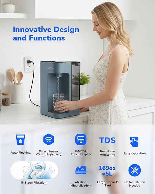 Mate 3 Reverse Osmosis Water Filter Countertop, 3:1 Pure to Drain, Smart Autofill Pitcher, No Installation Water Purifier, 8 Stage RO Water Filtration, with Remineralization, Blue