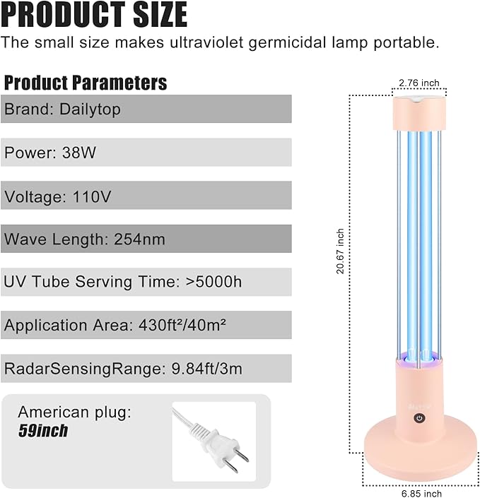 UV Light Sanitizer,60W Ozone-Free Home Disinfection Device for Haloclean UV,254nm UVC Lamp Odor Eliminator for Whole Room,Ultraviolet Light with 3-Speed Timing and Remote