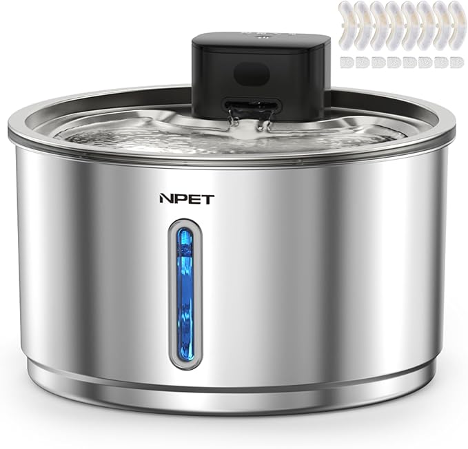 NPET Wireless Cat Fountain Stainless Steel, 1Gallon/135oz Battery Operated Automatic Pet Drinking Fountain - Cordless Dog Water Dispenser with 8 Replacement Filters for Cats Indoor