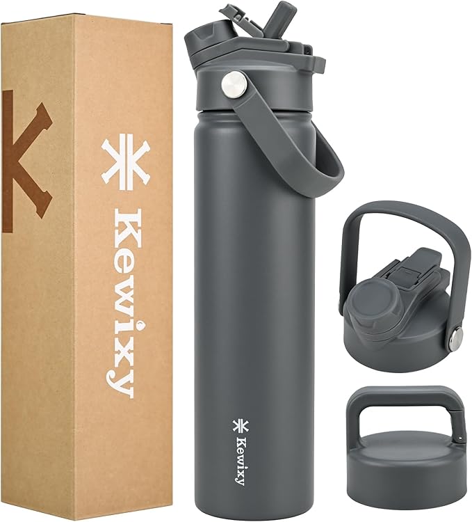 KEWIXY 24 oz Insulated Water Bottle, 2-in-1 Lid, Straw & Spout with Protected, Leak Proof, Keep Cold, Stainless Steel, Metal, Reusable, Handle, for Travel, Gym and School, 2 Lids, Char Gray