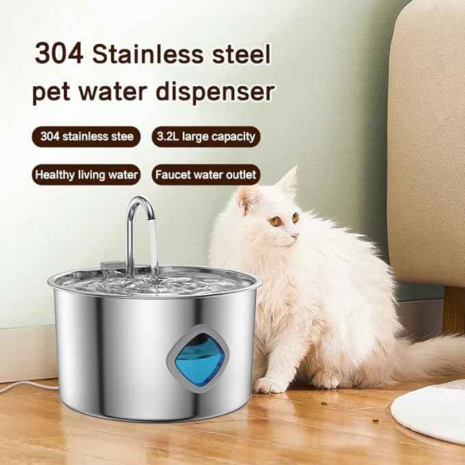 Dog Water Bowl, 2026 New Dog Water Fountain, 3.2l Filtered Water Bow with Continuous Circulating Water Flow, Stainless Steel Easy-to-Clean, Quiet Operation, Water Bowl for Dogs/Cats (Bowl+8 Filter)