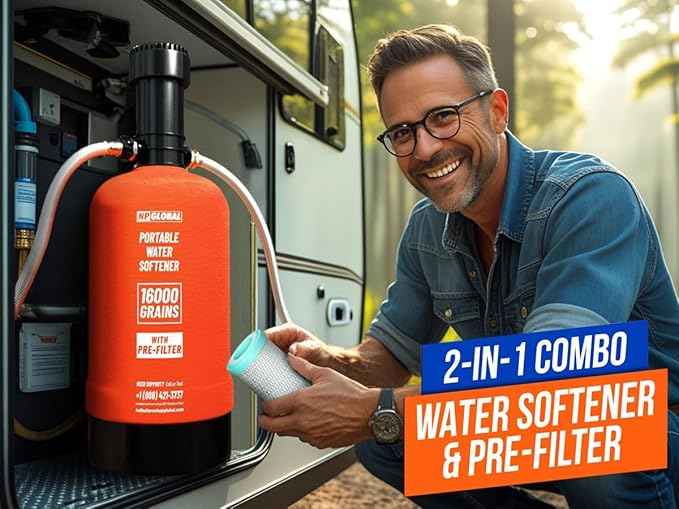 RV Water Softener Portable with Integrated 2 Stage Water Filter System - 16,000 Grain, 3/4" GHT Fittings, Convenient Water Softener for RVs, Trailers, Boats, Mobile Car Washing, Pressure Washing