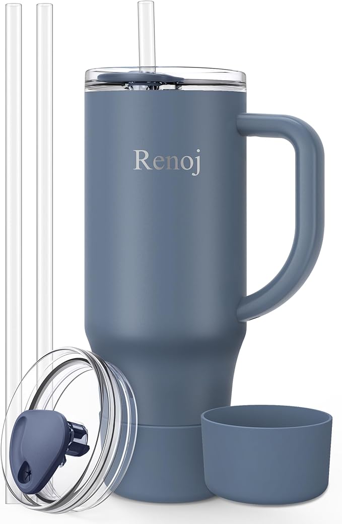Renoj Tumbler with Handle 100% Spill Resistant Insulated Water Bottle for Iced Coffee & Hot Drinks - Fits Car Cup Holder, Ideal Gift, 2 Straws & Silicone Boot BPA-Free - FlexSlide Navy Blue 40 oz