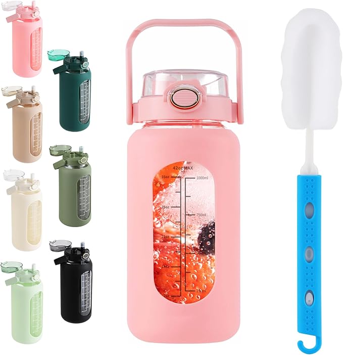 SIEROZUR 64 oz Glass Water Bottle with Straw and Handle Lid Half Gallon Motivational Glass Bottle with Silicone Sleeve and Time Marker Large Reusable Sports Water Jug for Gym Home Workout