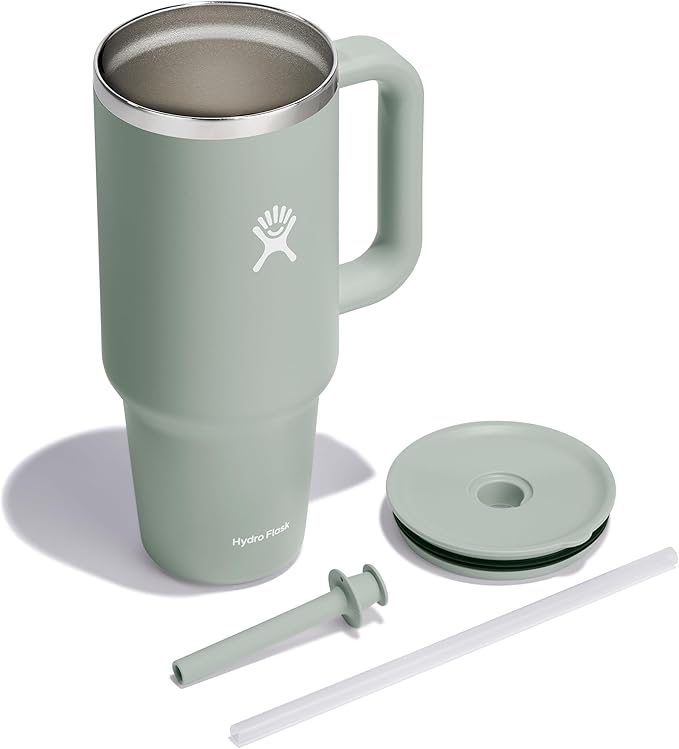 Hydro Flask Travel Tumbler with Handle, Lid and Straw - Insulated Stainless Steel in 40 Oz Agave