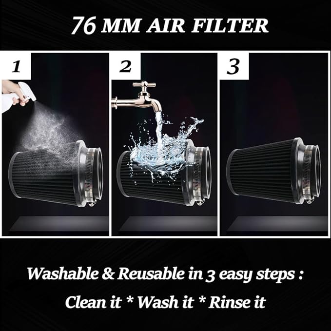 Clamp-On Cold Air Intake Filter, High Performance, Washable Filter, Replacement Air Filter, Flange Diameter 3inch/76mm Black