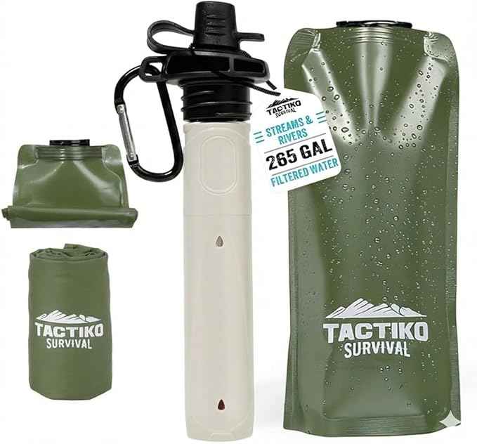 Tactiko Survival 20oz/600ml Purifying Water Bottle Filter Kit - Filter 265 Gal. Water from Rivers, Lakes & Streams - SGS Certified - UF Membrane, Activated Carbon - Camping, Hiking, Emergency (Green)