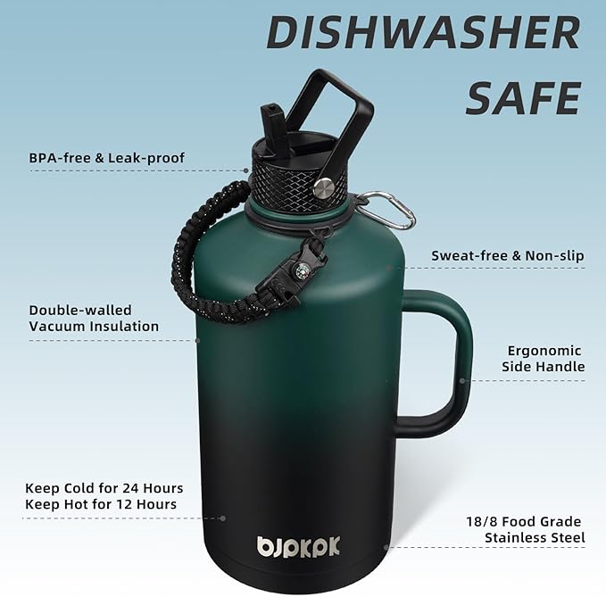 BJPKPK 1 Gallon Water Bottle Insulated with Straw Lid, 128oz Large, Stainless Steel Water Bottles with 3 Lids and Paracord Strap,Double Wall Vacuum Metal Water Jug,Army Green&Black