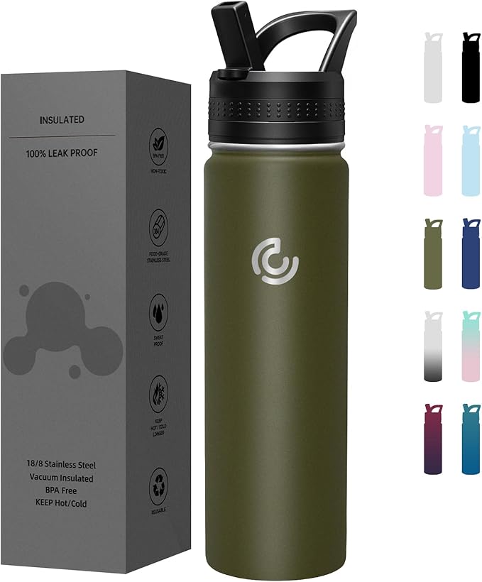 COKTIK 22oz Sports Water Bottle, Stainless Steel Water Bottle for Insulated, Reusable Travel Bottle, With Straw, With Handle Grip for Easy Carrying, Suitable for Cycling, Outdoor Vacations(Army Green)