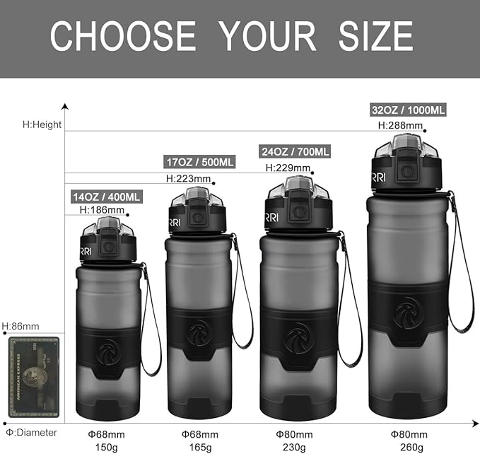 ZORRI Sports Water Bottle, 400/500/700ml/1L, BPA Free Leak Proof Tritan Lightweight Bottles for Outdoors,Camping,Cycling,Fitness,Gym,Yoga- Kids/Adults Drink Bottles with Filter, Lockable Pop Open Lid