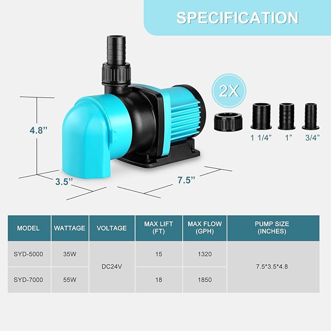 1850GPH Aquarium Return pump with LCD display controller, 55W DC 24V aquarium pump for saltwater freshwater aquarium,fish tank,sump,20 speeds ECO Quiet Submersible and inline pump. - AquaVibe
