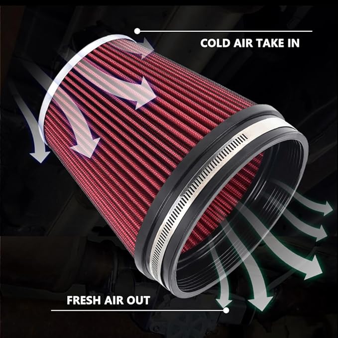 MUGE RACING 6" 152 mm High Flow Inlet Air Filter, Air Intake Cone Filter Replacement Performance Washable Clamp-On Dry, 6'' Tall(Red)