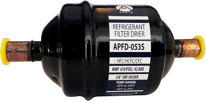 Appli Parts APFD-053S 3/8 in Liquid Line Refrigerant AC Filter Drier hvac Refrigeration 053S ODF Sweat Solder connection universal unidirectional 4-1/2 in long 2 in wide