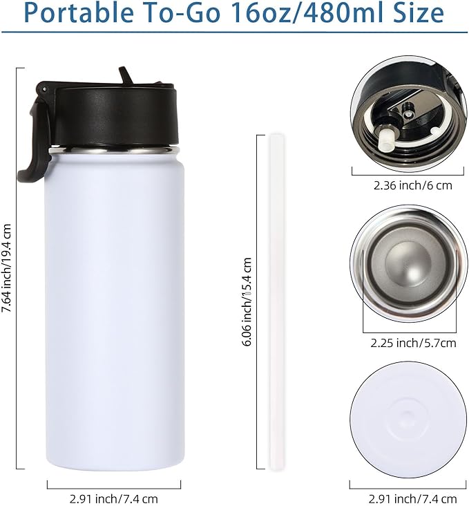 Volhoply 16 OZ Kids Water Bottle Bulk 4 Pack,Insulated Sports Bottles with Straw Lid,Stainless Steel Bottle with Handle Keep Cold & Hot,Double Wall Vacuum Tumbler Cups for School(White, 4)