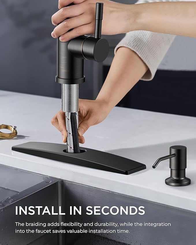 FORIOUS Oil Rubbed Bronze Kitchen Faucet with Soap Dispenser, High Arc Modern Sink Faucet with Pull Down Sprayer and Deck Plate Fit for 1 or 3 Hole for Pot Filler Bar Farmhouse Laundry Rv, ORB