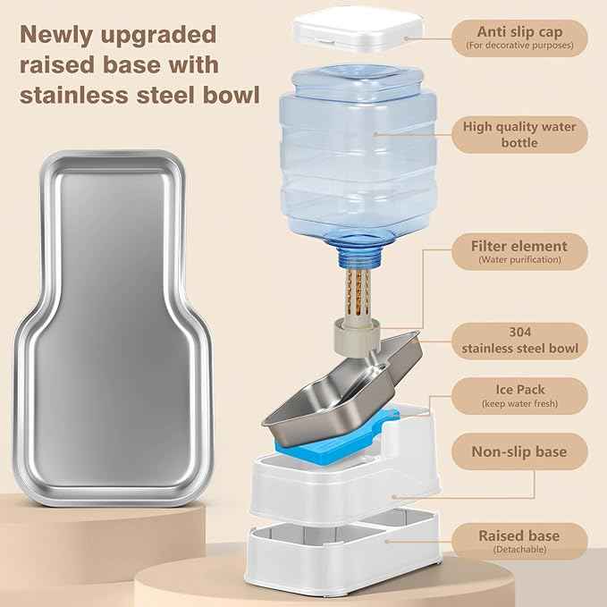 1.1 Gallon Pet Automatic Dog Water Dispenser Cat Gravity Waterer Feeder with Stainless Steel Bowl Large Capacity Puppy Feeding Raised Bowls with Filter,Ice Pack (White, 4L(1.1 Gallon))