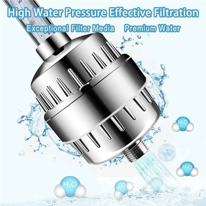 Shower Filter, 20 Stage Shower Head Filter for Hard Water, Latest Advanced Shower Head Filters, with 3 Filter Cartridges, for Removing Chemicals, Chlorine, Pesticides and More（Chrome）