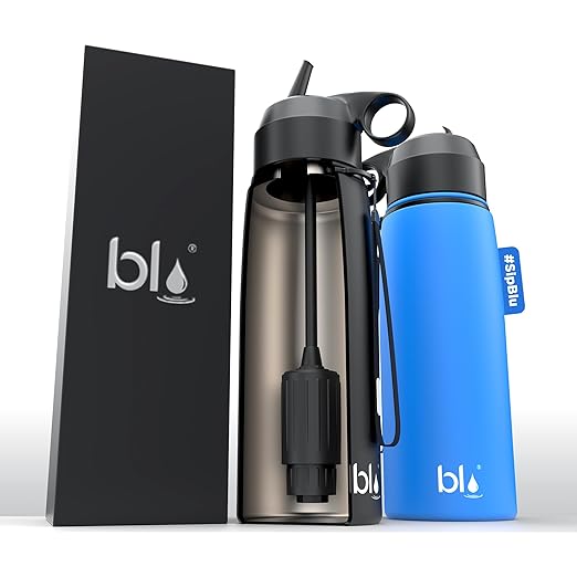 BLU All-in-ONE | Vacuum Insulated Stainless Steel Water Bottle Flask with a Filter (26oz) | Made in The USA | Removes 99.99% contaminants (Regular - Blue)