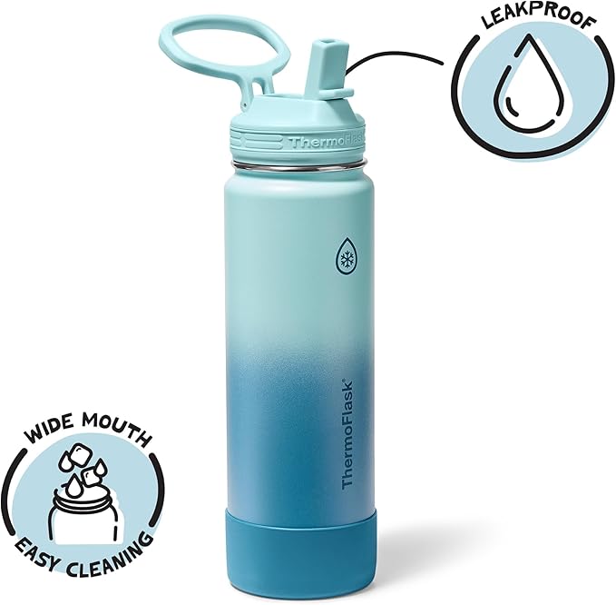 ThermoFlask 24 oz Double Wall Vacuum Insulated Stainless Steel Water Bottle with Straw Lid, Ocean Waves