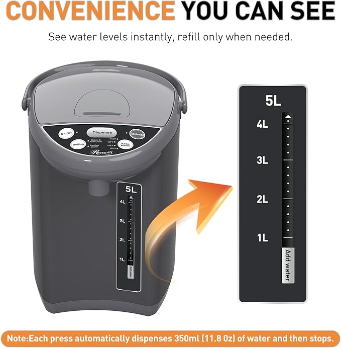 Rosewill Electric Water Boiler and Warmer - 5L/5.3 Qt Stainless Steel Hot Water Dispenser w/Rotating Base, Keep Warm Temperature Set, Auto Shut Off, Safety Lock - Gray