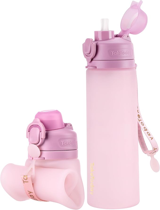 TakeToday Collapsible Water Bottles 20oz (600mL), Foldable Platinum Silicone Travel Water Bottle with Straw & Carry Strap, Leak-Resistant Screw Lid, Wide Mouth, BPA-Free for Hiking, Camping, Travel