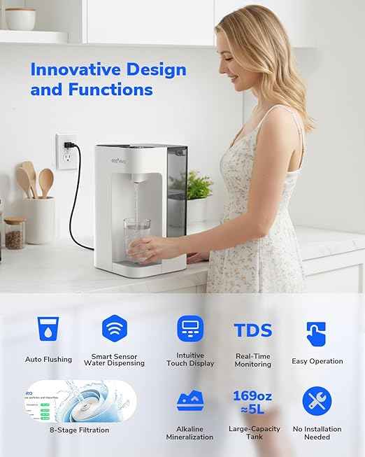 Mate 3 Reverse Osmosis Water Filter Countertop, 3:1 Pure to Drain, Smart Autofill Pitcher, No Installation Water Purifier, 8 Stage RO Water Filtration, with Remineralization, White