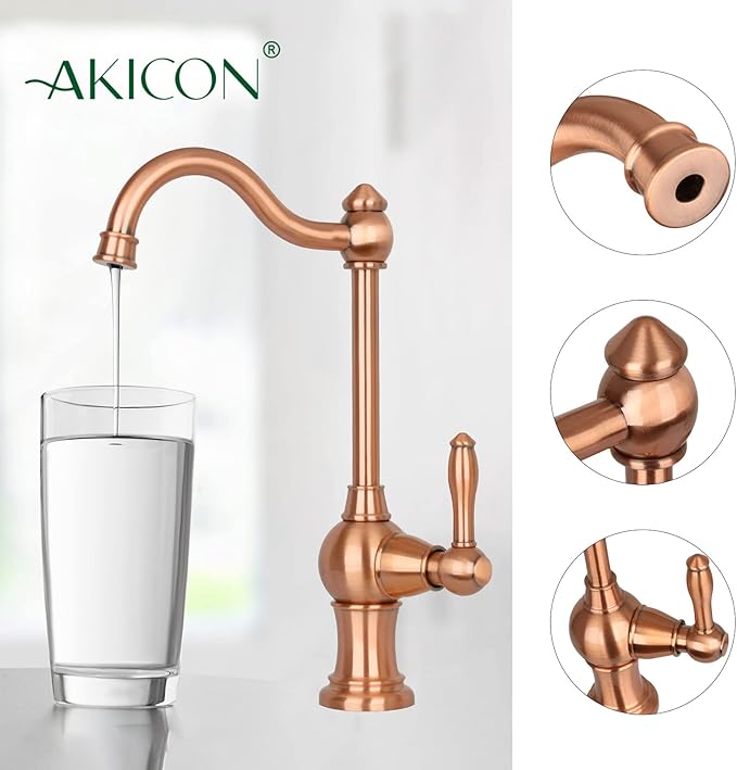 Akicon Kitchen Water Filter Faucet, Brass Body 100% Lead-Free Drinking Water Faucet Fits Most Reverse Osmosis Units or Filtration System, Non-Air Gap, Cold Water Only (Copper)