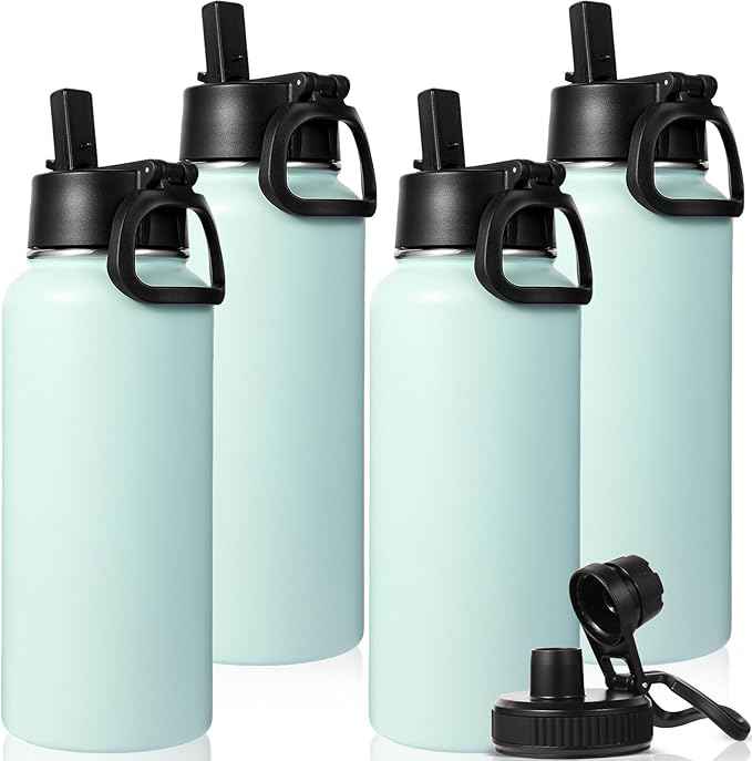 Neihepal 32 oz Insulated Water Bottles Bulk with 2 Lids (Straw & Spout Lid), Stainless Steel Double Wall Water Bottle, Keeps Cold 24H & Hot 12H (Fog,4 Pack)