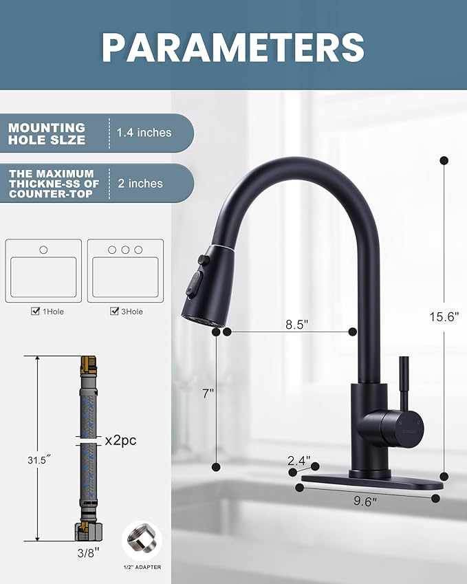 WOWOW Touchless Kitchen Faucet with Sprayer, Smart Motion Sensor Matte Black Kitchen Sink Faucet, Stainless Steel Kitchen Faucet for Sink 1 or 3 Hole Single Handle Kitchen Tap