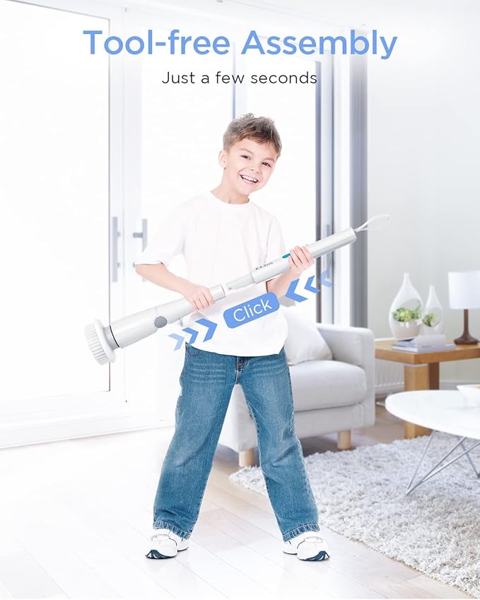Electric Spin Scrubber, 360 Cordless Shower Scrubber, Electric Spin Cleaner with 4 Replaceable Shower Cleaning Brush Heads and 1 Extension Arm for Tub, Tile, Kitchen, Bathroom
