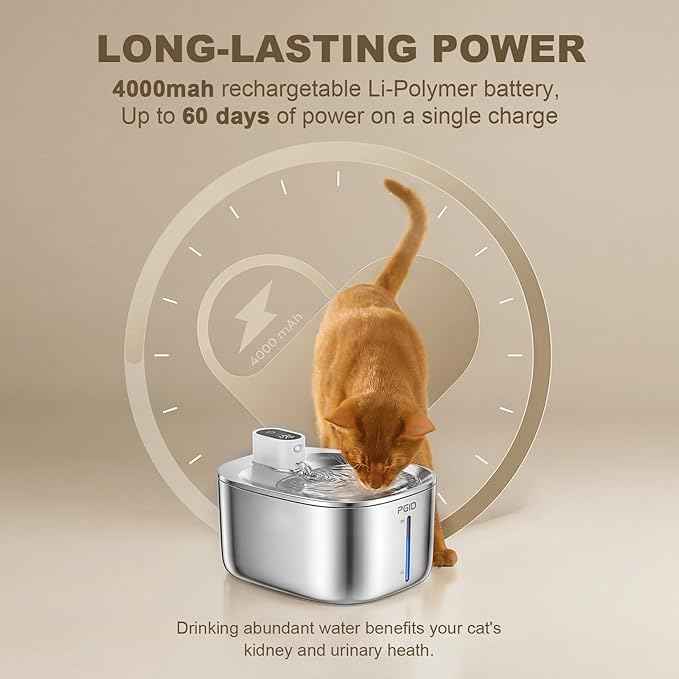 Wireless Cat Water Fountain Stainless Steel,4.5L Cordless Pet Fountains for Dringking,5000mah Battery Operated Cat Water Pountain,Automatic Dog Dispenser w Pet Hair Remover Gloves