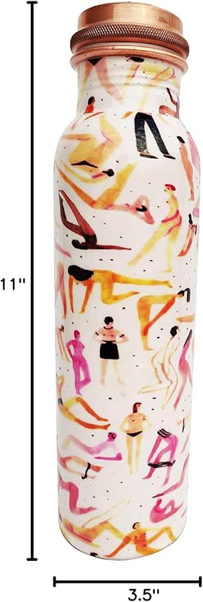 Pure Printed Copper Water Bottle 32 oz - Leak Proof Ayurvedic Drinkware Copper Vessel for Sports, Gym, Outdoors, Yoga, Health Benefits