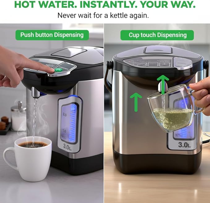 NutriChef Electric Water Boiler and Warmer - 3L/3.17 Qt Stainless Steel Electric Hot Water Dispenser w/Rotating Base, Auto Shut Off, Safety Lock, Instant Heating for Coffee & Tea (NCHUB13)